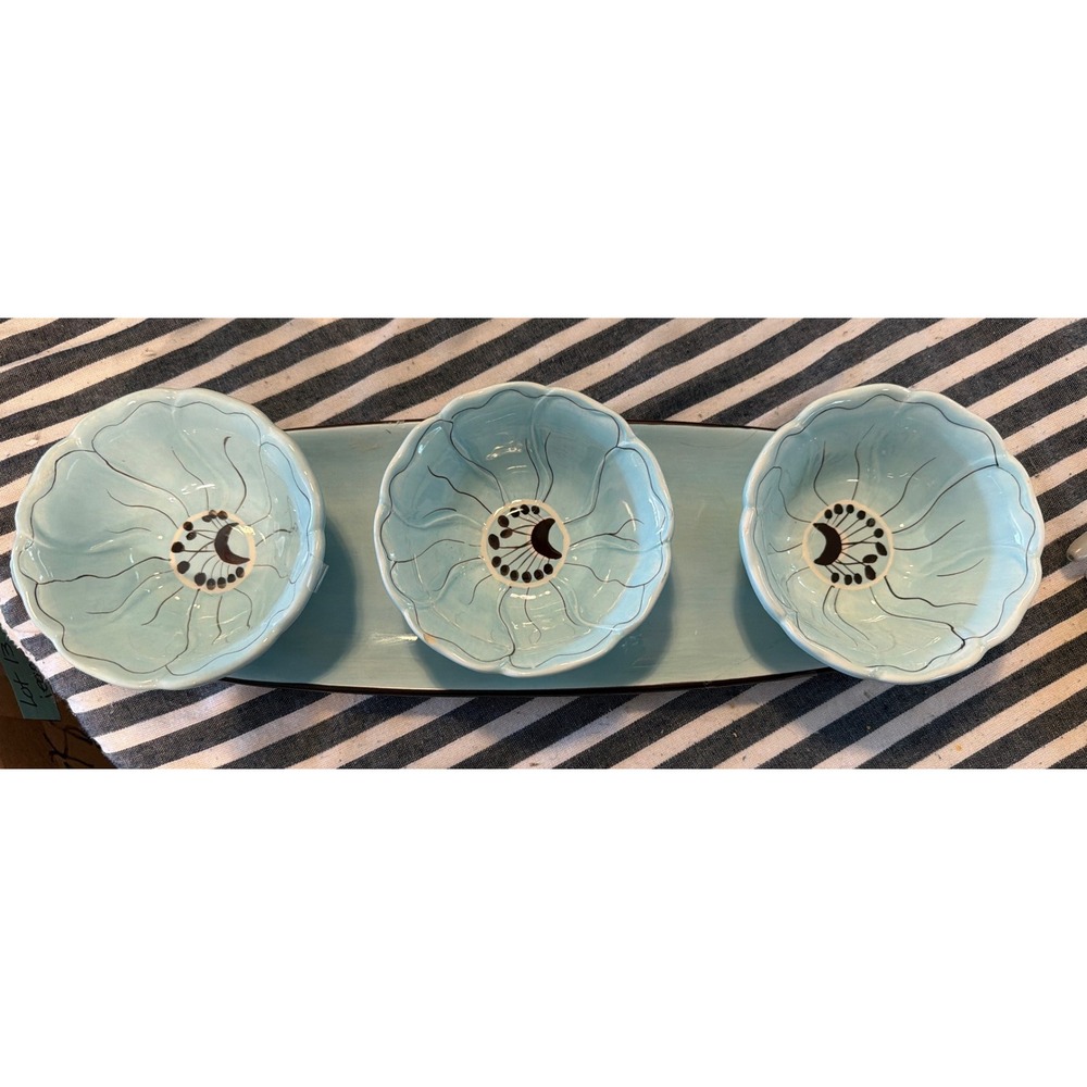 Laurie Gates Ava Collection Blue Ceramic Chip and Dip Serving Tray 3 Bowl Set
